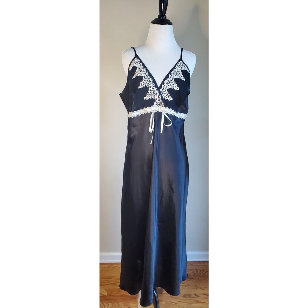 Vintage Delicates Black Satin Maxi Slip Dress Lingerie‎ Women's Size XL